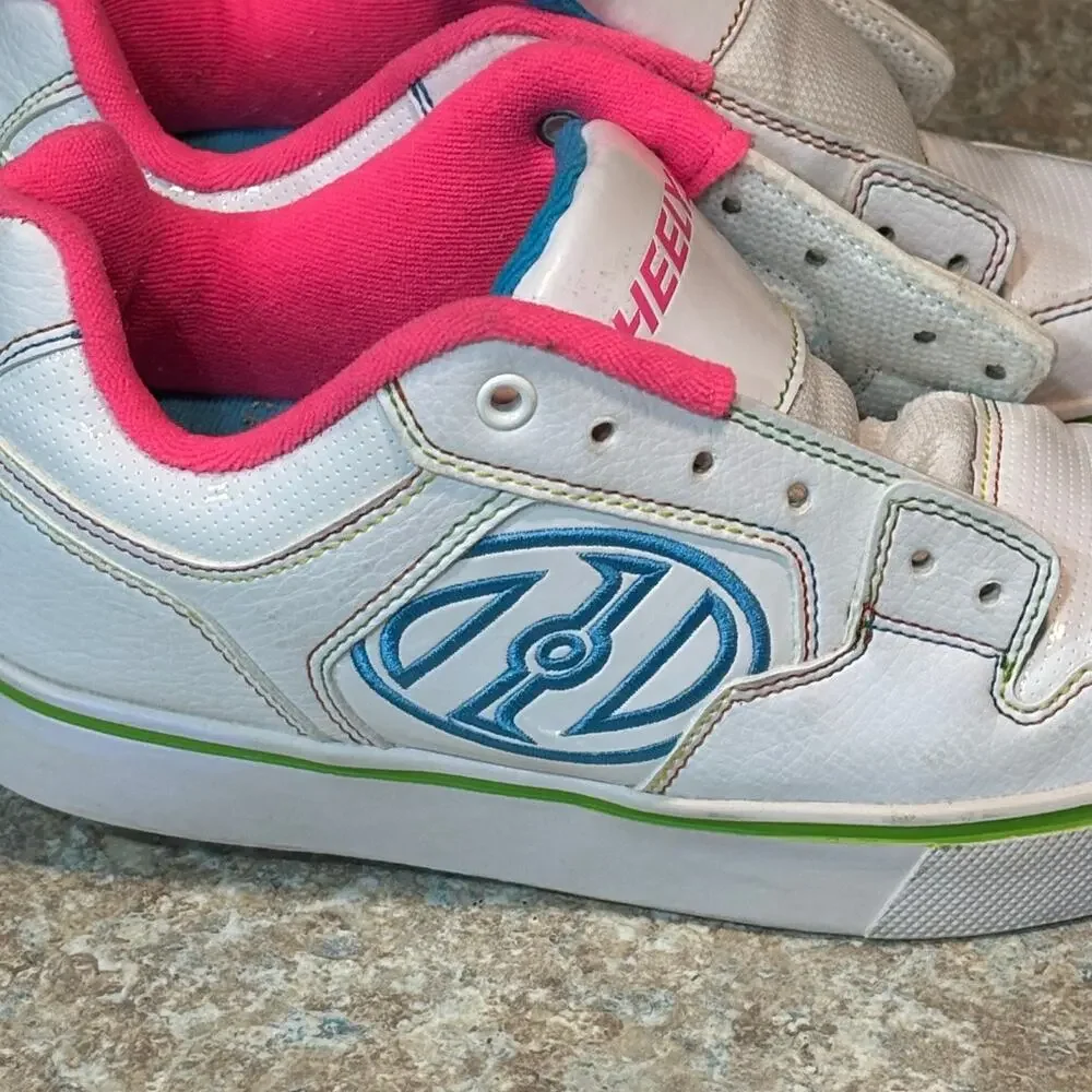 Heelys Girls Motion Plus White Pink Blue Green Roller Tennis Shoes Size 4 READ